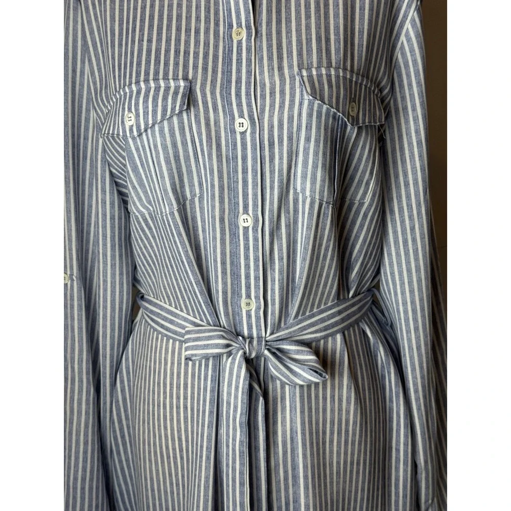 Joy‎ Joy Dress Women Large Blue White Striped Button Front Tie Waist Shirt NWT